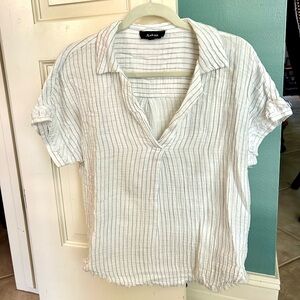 Aakaa cotton gauze beachy striped pullover top frayed edges flowy shirt v neck